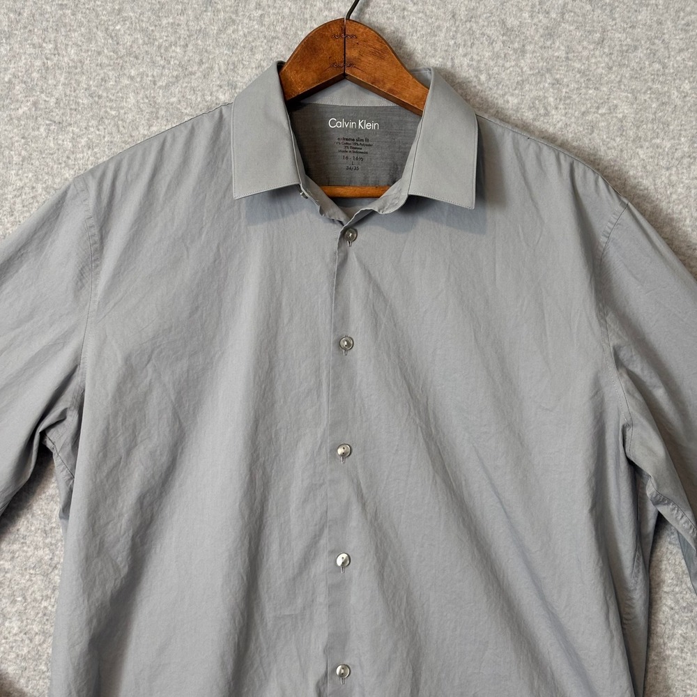 Calvin Klein Mens L Long Sleeve Dress Shirt Gray Extreme Slim Fit Gray 16-16.5 - Picture 2 of 6